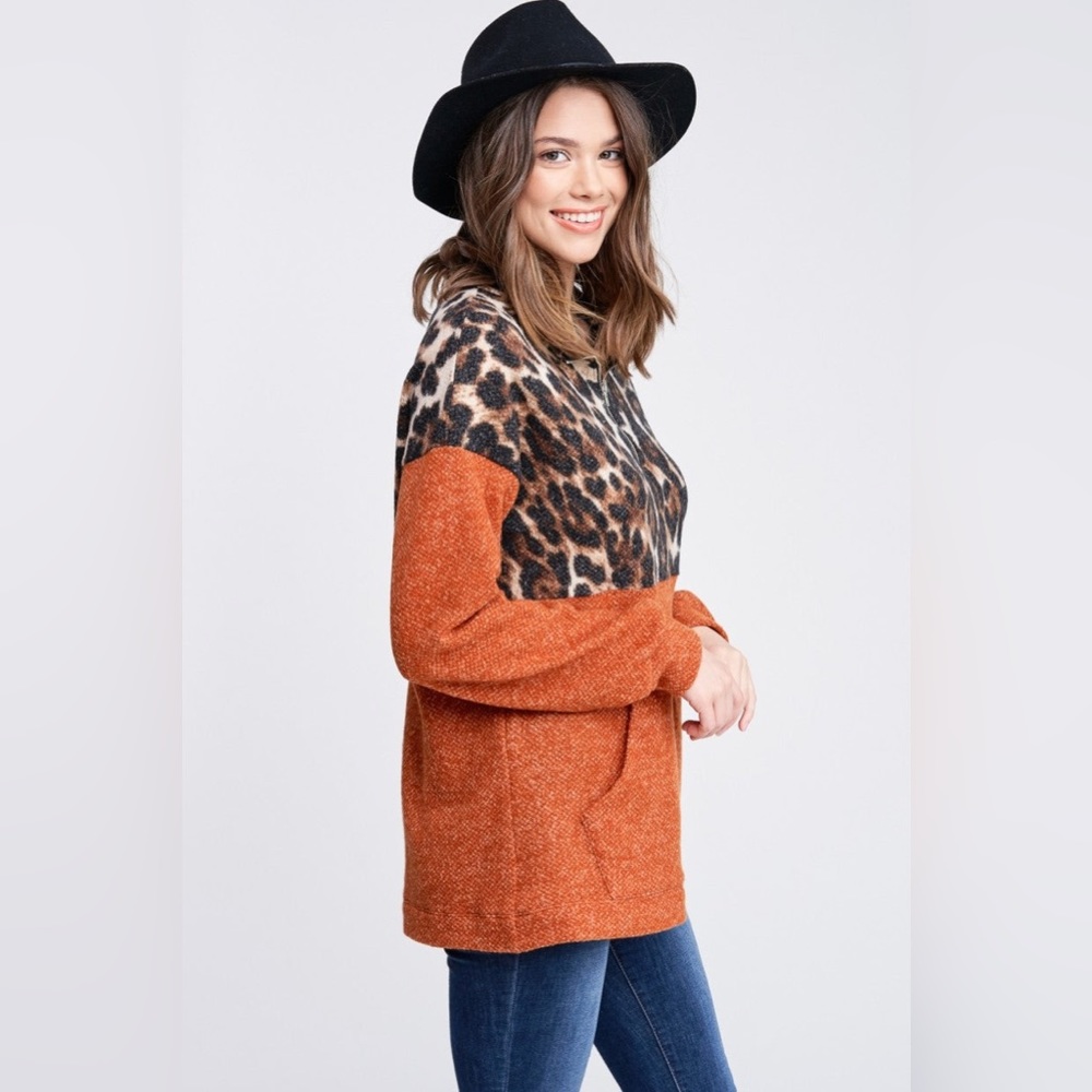 NWT White Birch Long Sleeve Cheetah Print Quarter Zip Pullover Sweater, Rust - Picture 8 of 8